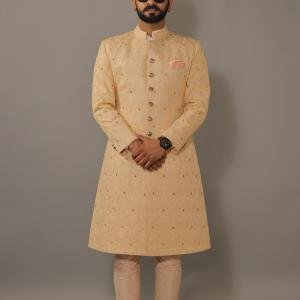 Lucknowi Embroidered Peach Achkan Churidar Set | Jaipurio